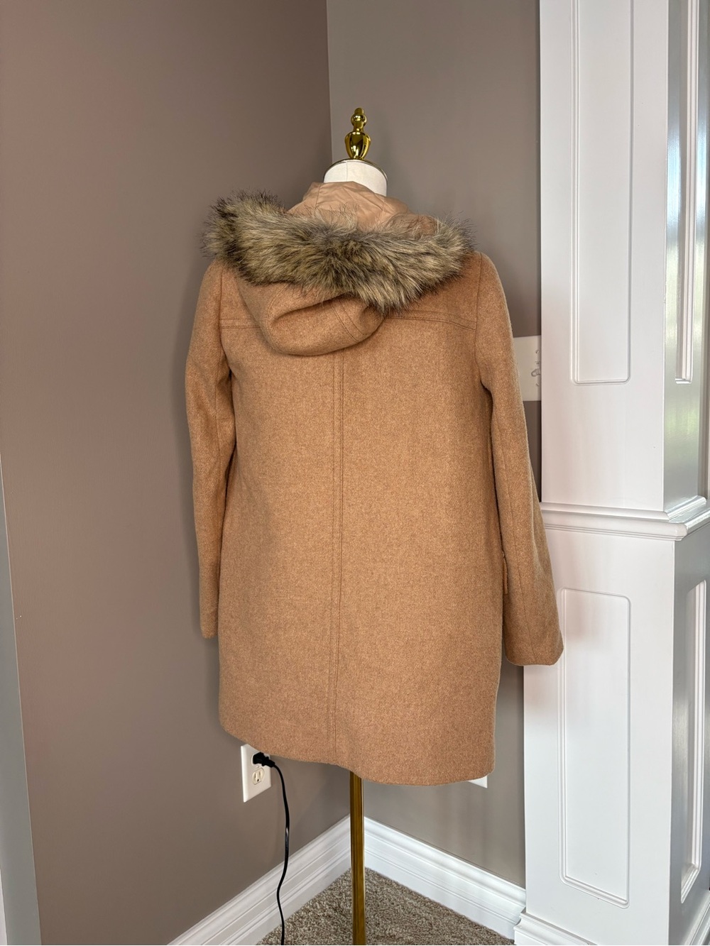 J. Crew Camel Hooded Trench Coat with Faux-Fur Trim - Picture 4 of 5